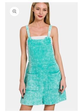 ZENANA Woven Double Gauze Acid Washed Romper / Turquoise NWT